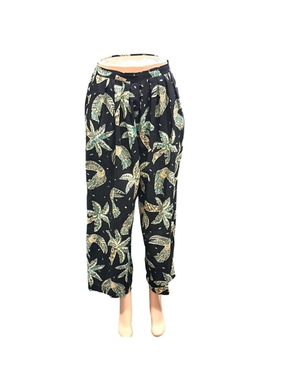 Tropical Print Navy Elastic Waist Relaxed Fit Cropped Pants Vacation Boho Casual